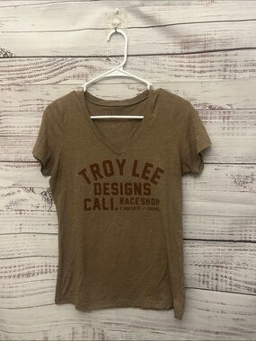 Women Troy Lee Designs Cali Race Shop Brown V-Neck Tee size medium